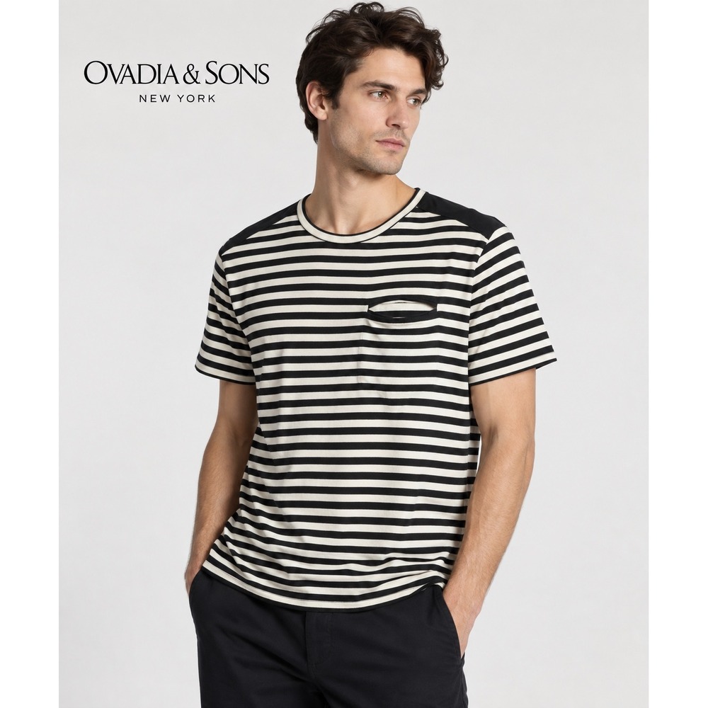 Ovadia & Sons Mens Striped Pocket T-Shirt Black White Cotton Made in USA